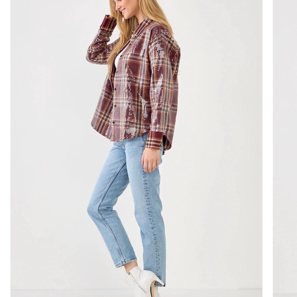 Sequin Plaid Button-Up Shirt - Picture 2 of 10
